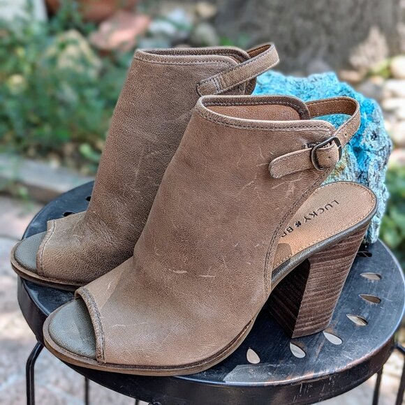 Lucky Brand Shoes - Lucky Brand Distressed Leather Chunky Heels: Peep Toe, Sling Back Bootie Size 7